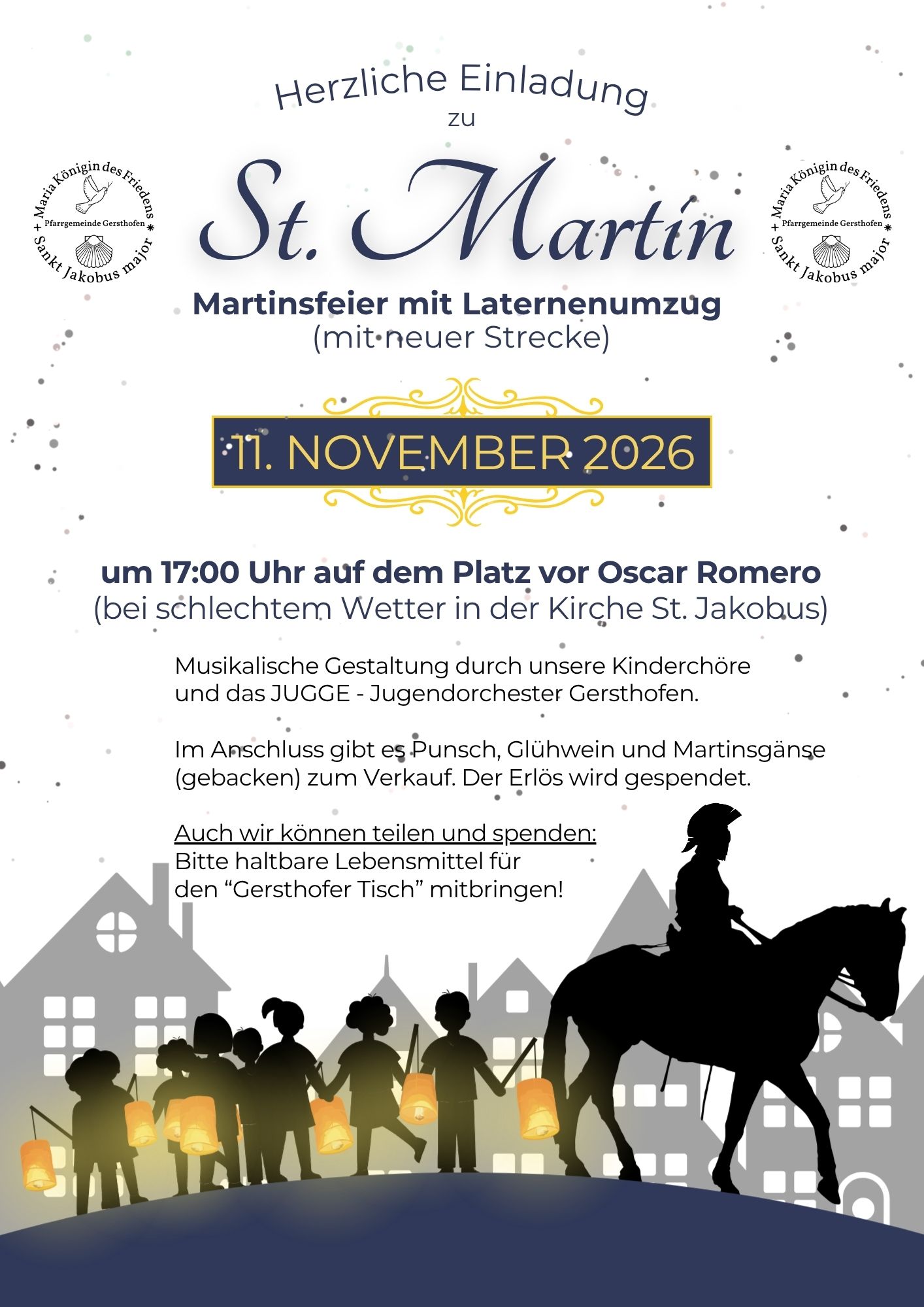 Plakat zur St. Martinsfeier 2026 in Gersthofen – 11.11.2026, 17 Uhr, Vorplatz Pfarrzentrum St. Oscar Romero